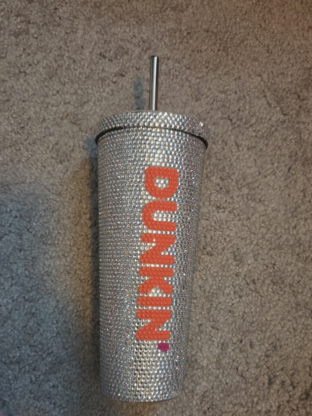 Dunkim' Silver Rhinestone Tumbler with Orange Logo
